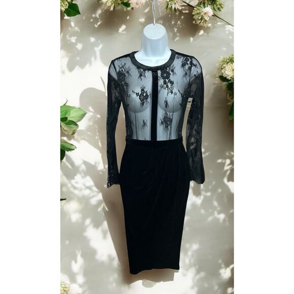 Missguided Sheer Lace Velvet Midi Dress Black Sz 6 Long-Sleeve Lined Draped Hip - Picture 2 of 10
